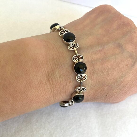 Sterling Silver 925 Round Black Onyx Scrollwork Link Bracelet 7.5"- 8" - Picture 1 of 16